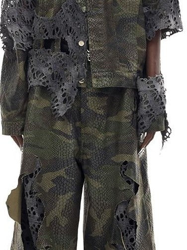 PINKSPINK Camo Distressed Rebuilt Cutout Hooded Oversized Women's Cotton Denim Jackets