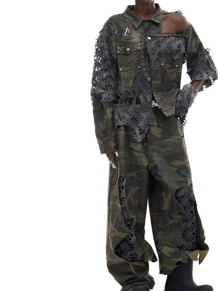 PINKSPINK Camo Distressed Rebuilt Cutout Hooded Oversized Women's Cotton Denim Jackets