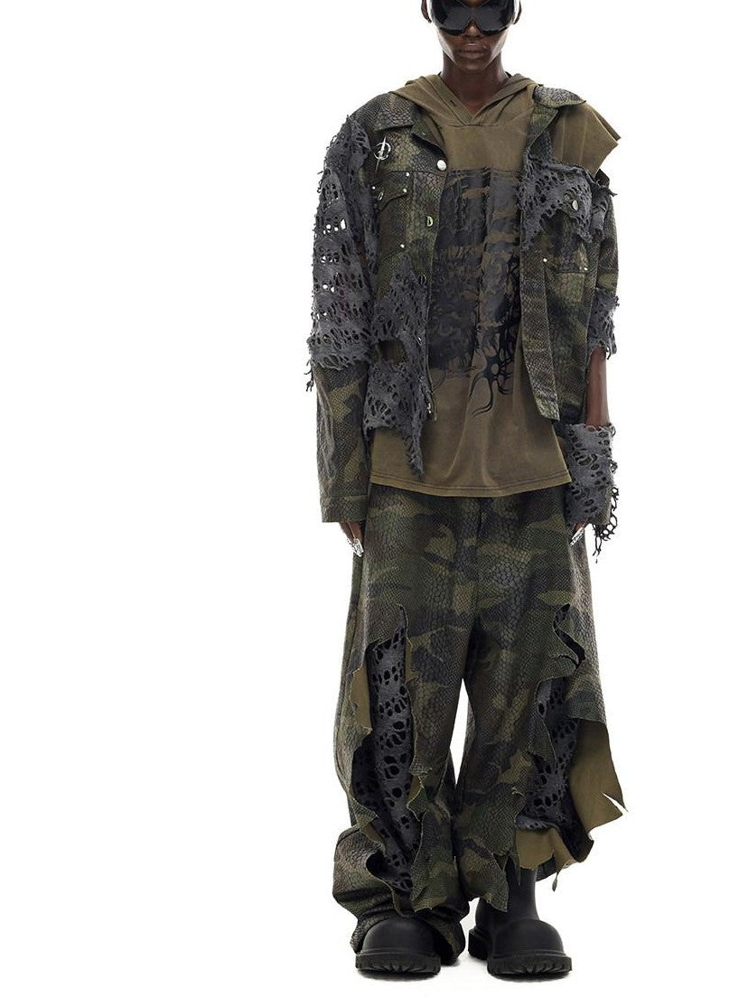 PINKSPINK Camo Distressed Rebuilt Cutout Hooded Oversized Women's Cotton Denim Jackets