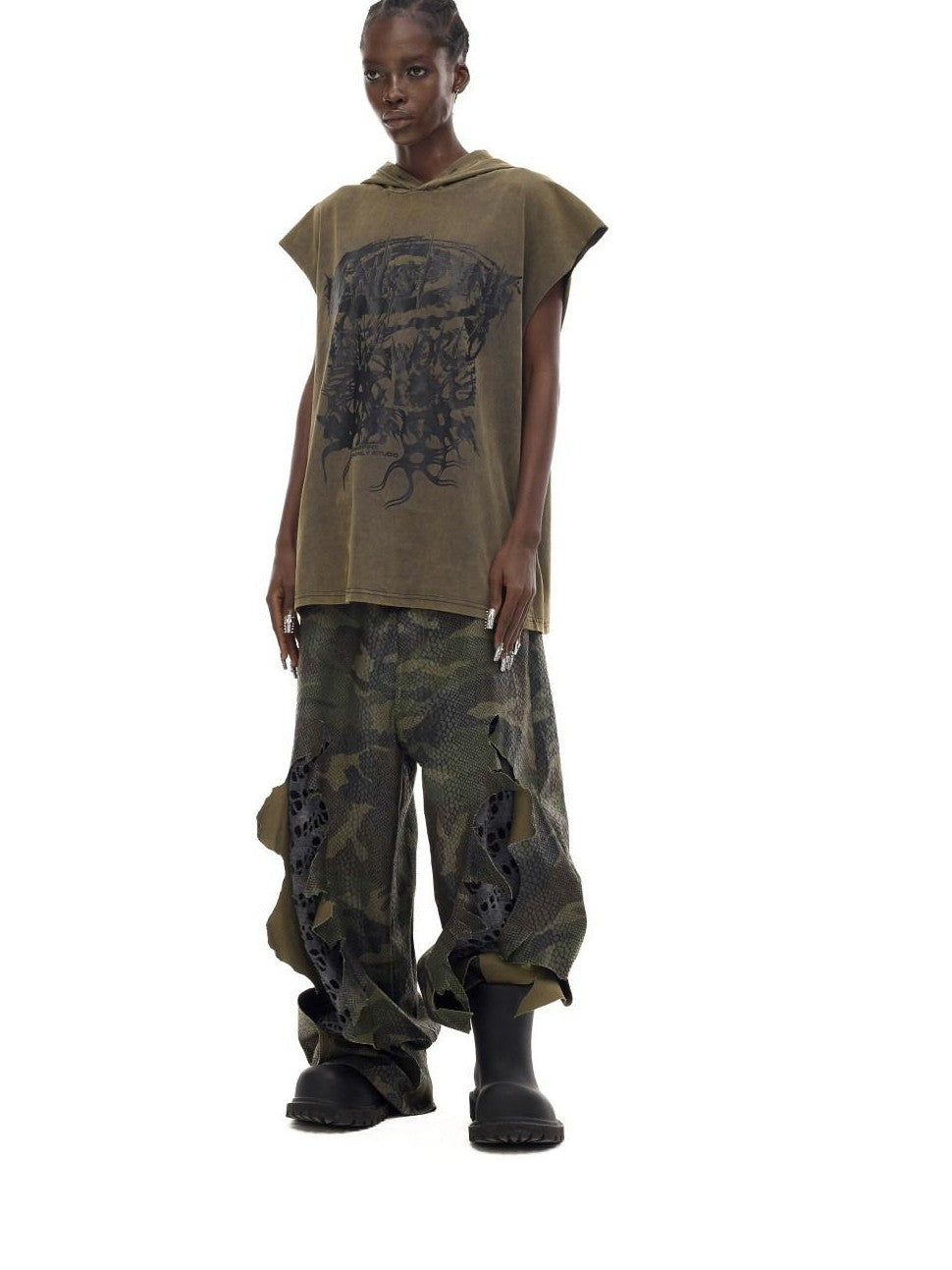 PINKSPINK Camo Double Layer Stacked Low Rise Ripped Painted Women's Denim Baggy Jeans