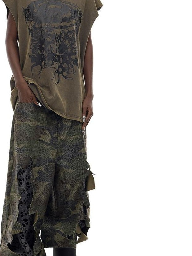 PINKSPINK Camo Double Layer Stacked Low Rise Ripped Painted Women's Denim Baggy Jeans