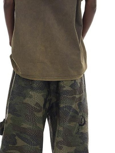 PINKSPINK Camo Double Layer Stacked Low Rise Ripped Painted Women's Denim Baggy Jeans
