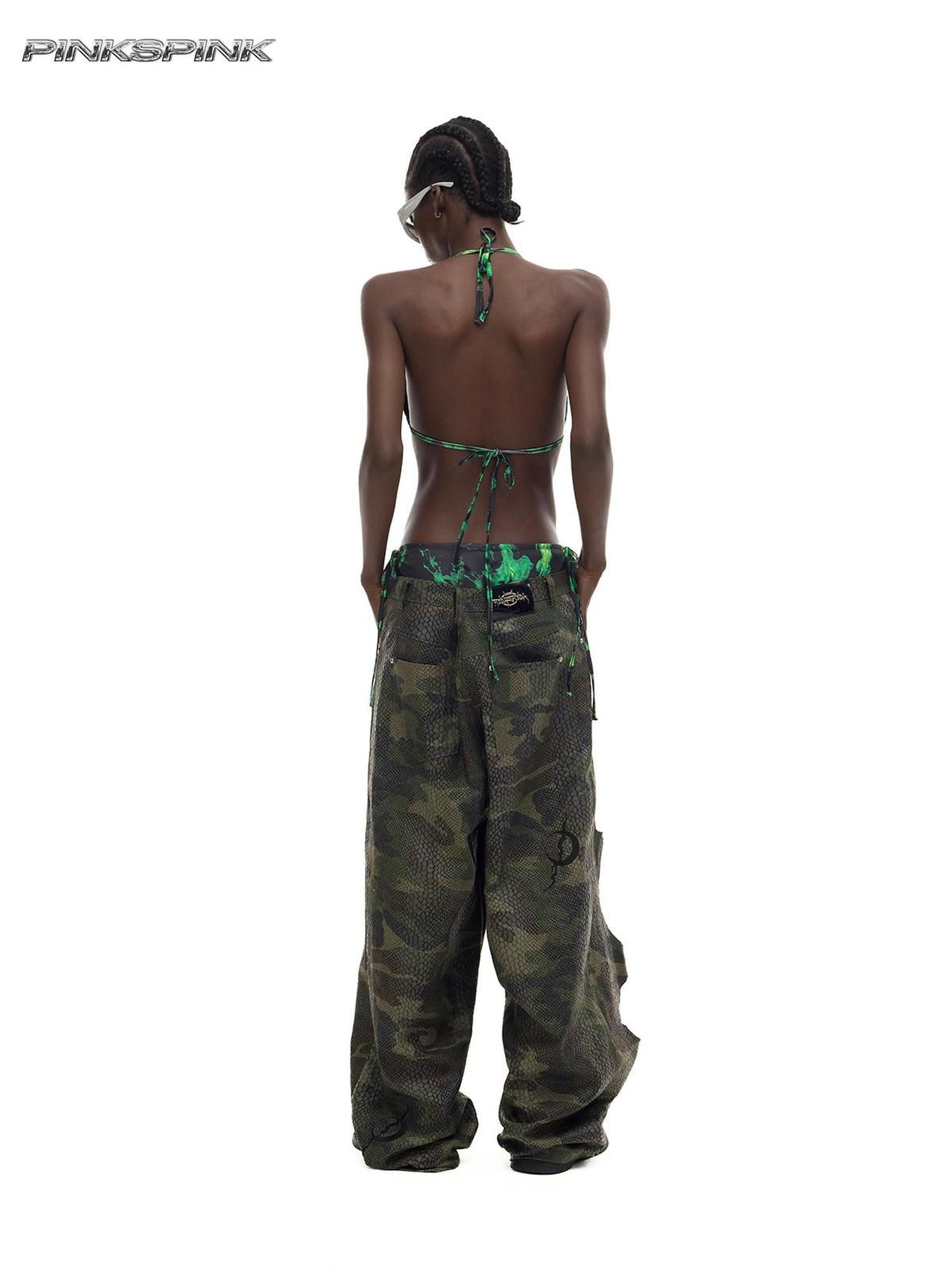 PINKSPINK Camo Double Layer Stacked Low Rise Ripped Painted Women's Denim Baggy Jeans