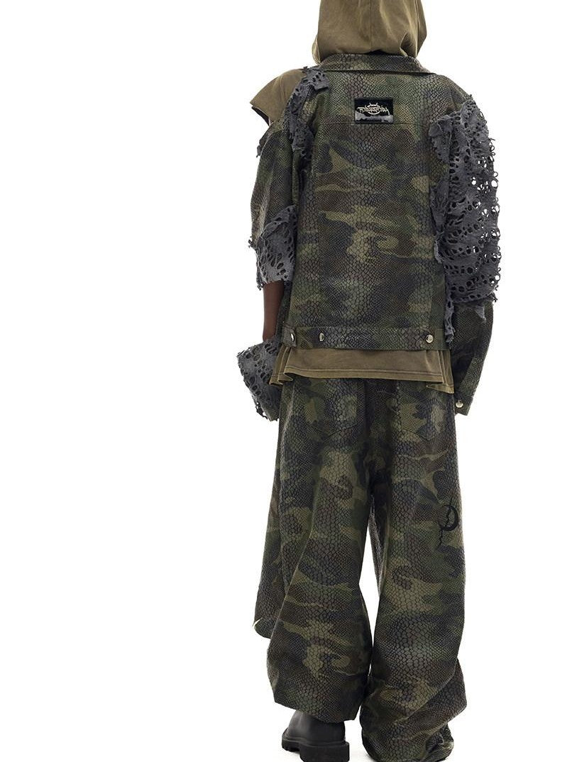 PINKSPINK Camo Double Layer Stacked Low Rise Ripped Painted Women's Denim Baggy Jeans