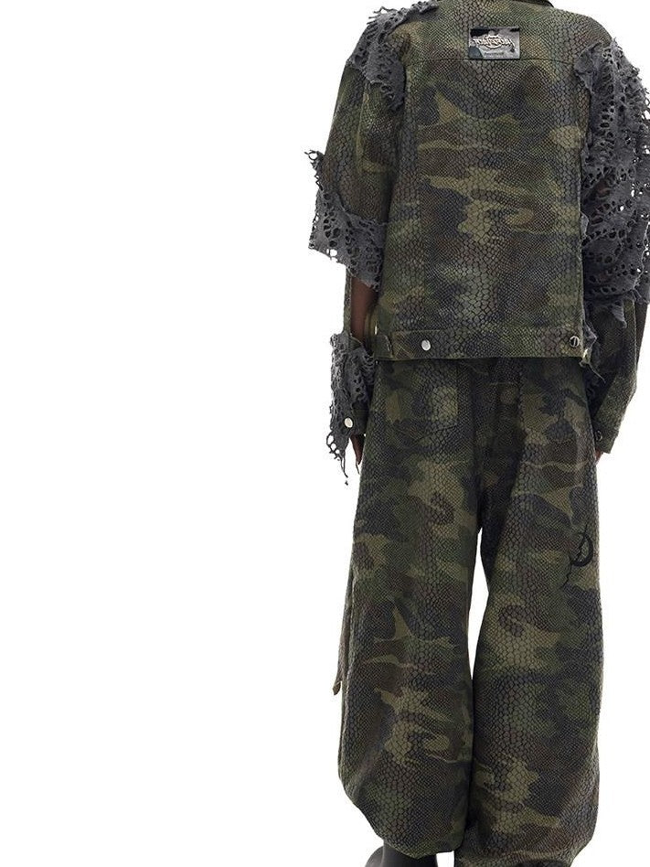 PINKSPINK Camo Double Layer Stacked Low Rise Ripped Painted Women's Denim Baggy Jeans