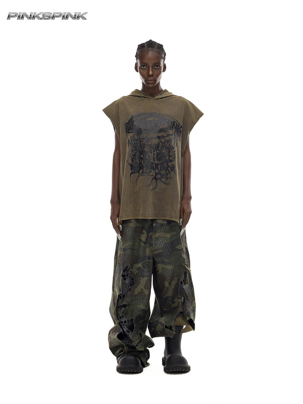 PINKSPINK Camo Double Layer Stacked Low Rise Ripped Painted Women's Denim Baggy Jeans