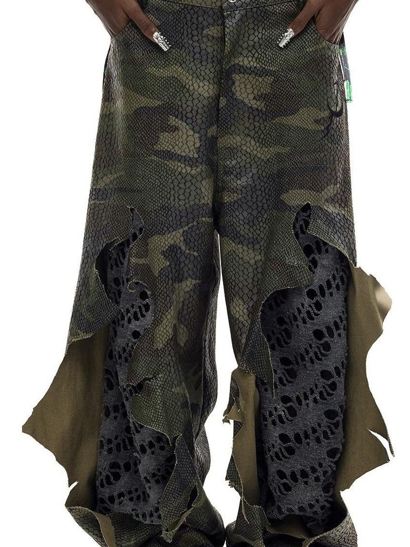 PINKSPINK Camo Double Layer Stacked Low Rise Ripped Painted Women's Denim Baggy Jeans