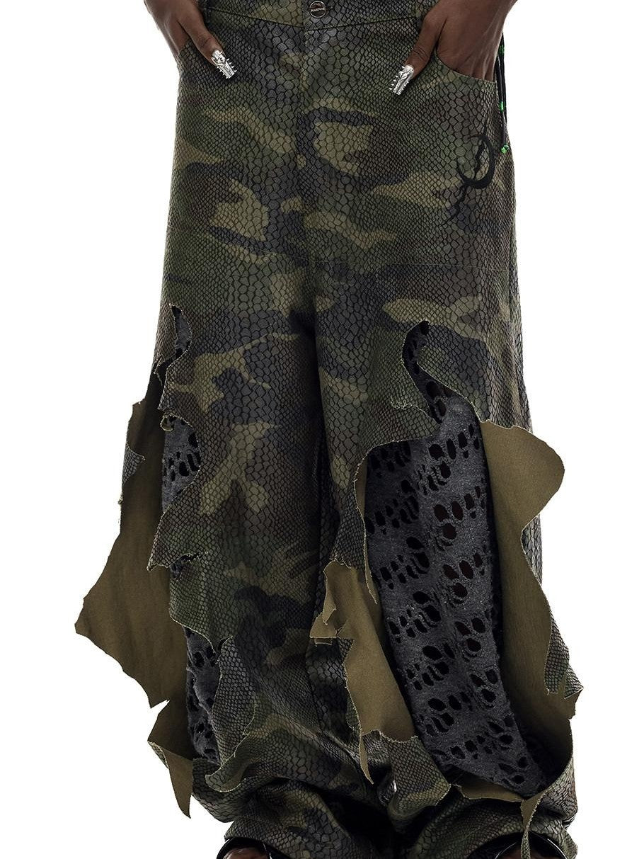 PINKSPINK Camo Double Layer Stacked Low Rise Ripped Painted Women's Denim Baggy Jeans