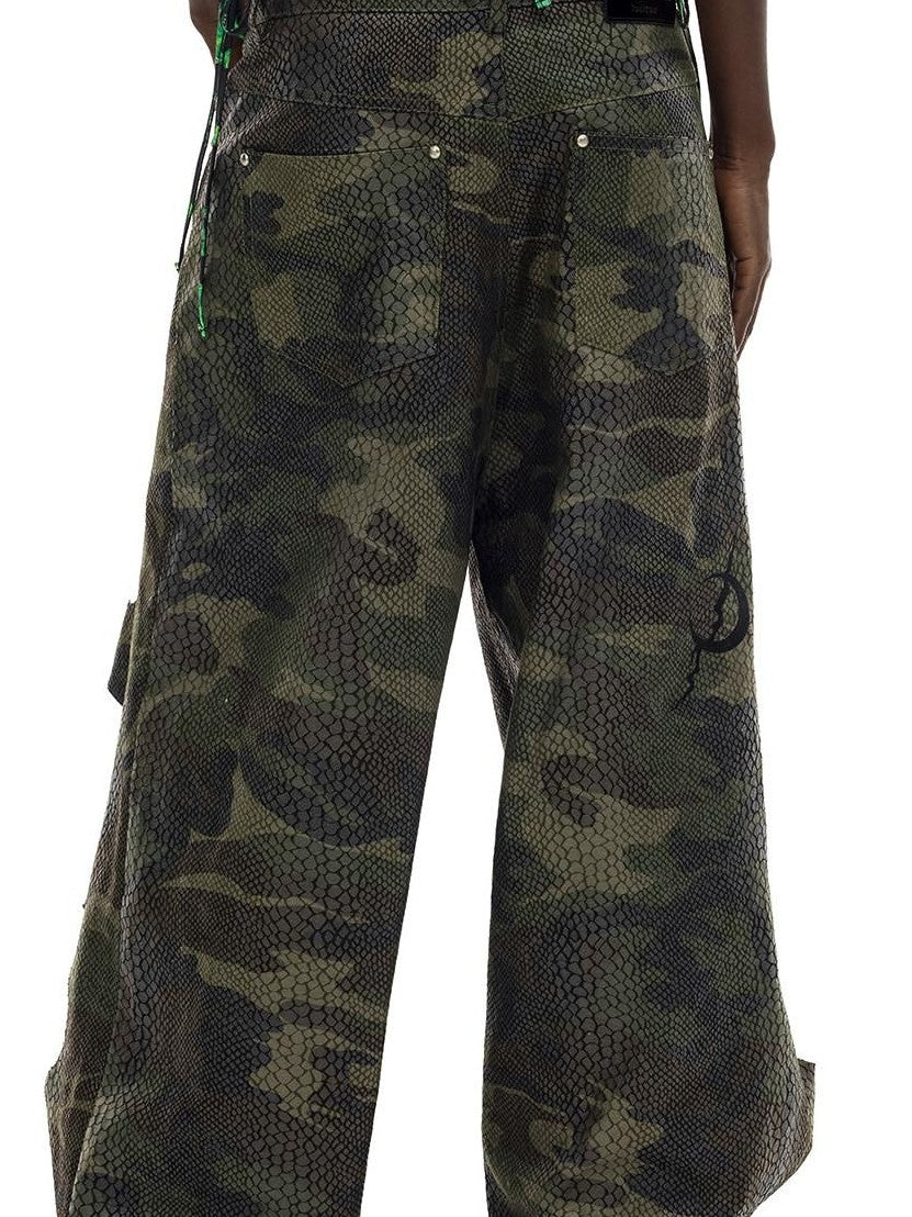 PINKSPINK Camo Double Layer Stacked Low Rise Ripped Painted Women's Denim Baggy Jeans