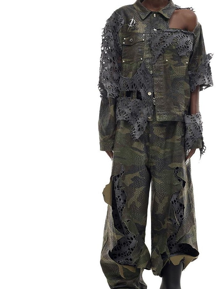 PINKSPINK Camouflage Cutout Deconstructed Loose Fit Women's Cotton Denim Jackets