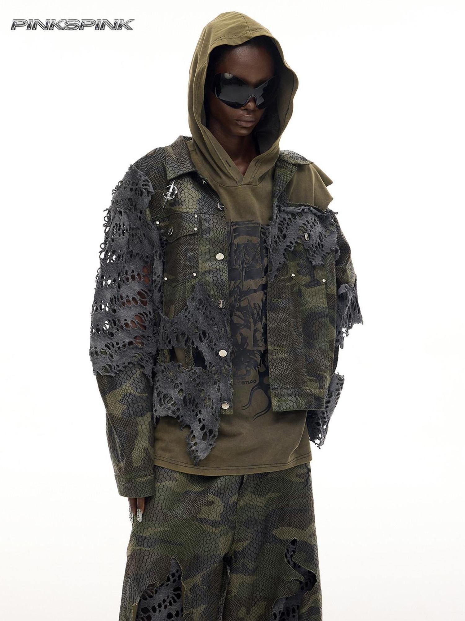 PINKSPINK Camouflage Distressed Reconstructed Cutout Hooded Women's Cotton Denim Jackets