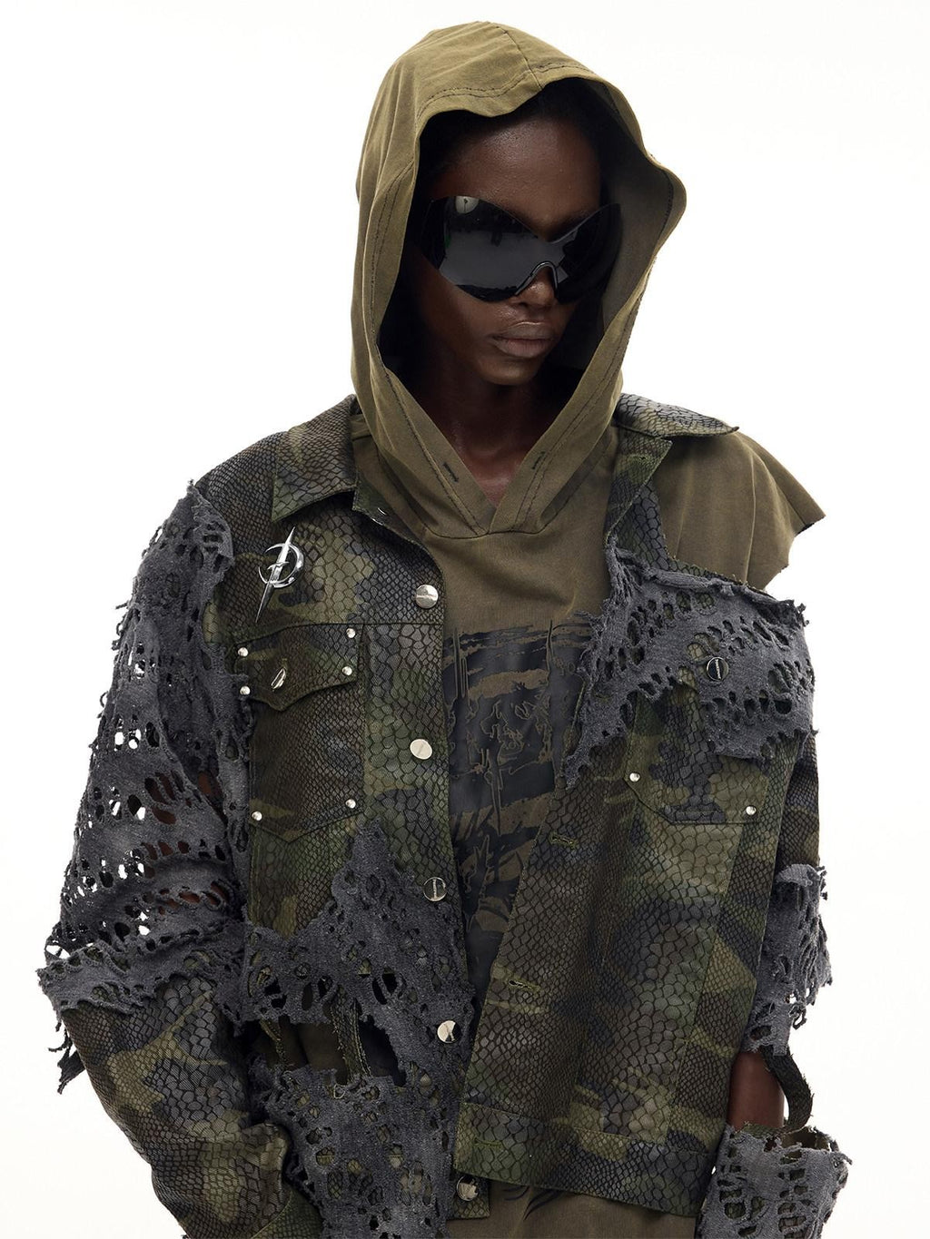 PINKSPINK Camouflage Distressed Reconstructed Cutout Hooded Women's Cotton Denim Jackets