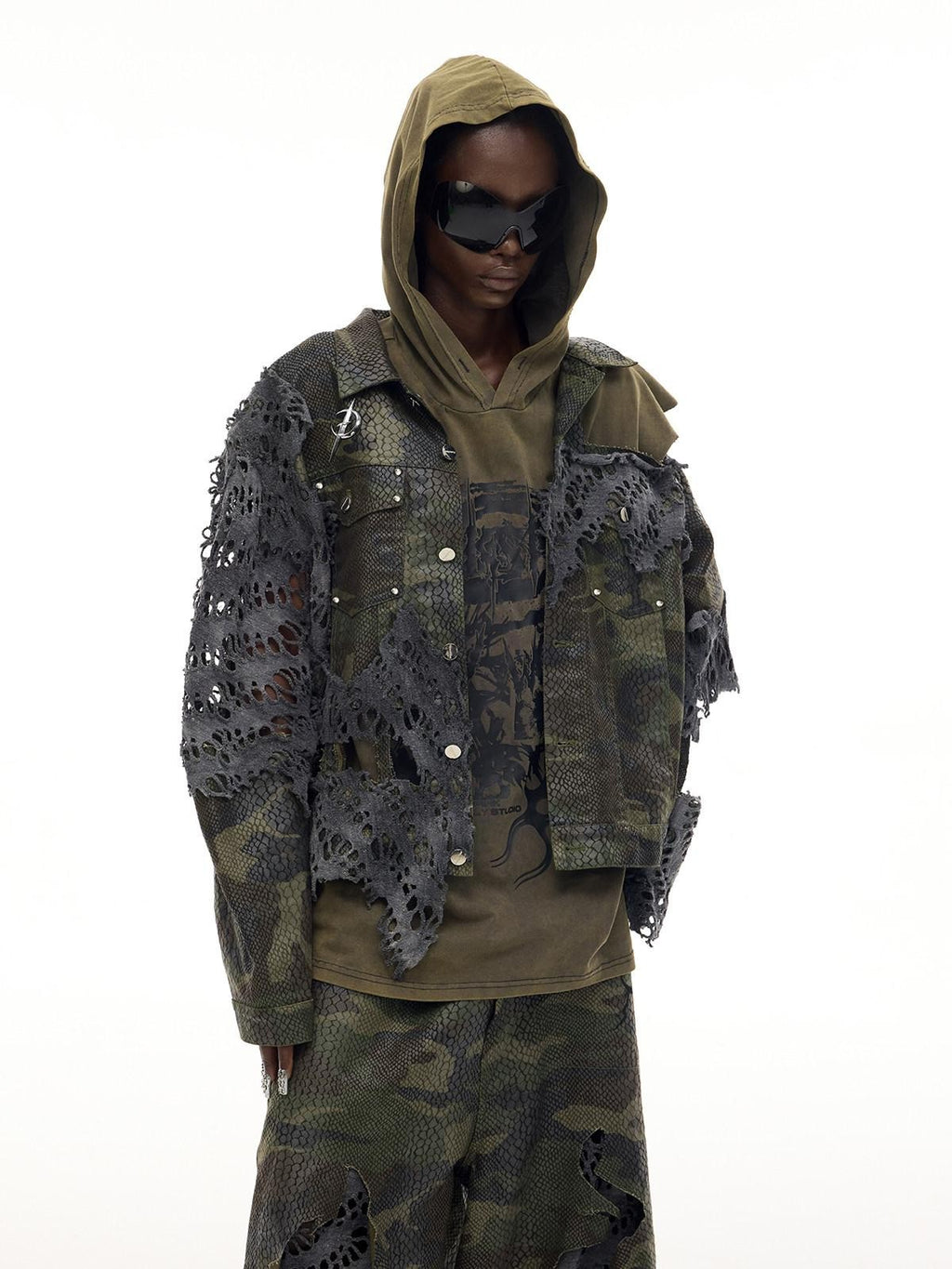 PINKSPINK Camouflage Distressed Reconstructed Cutout Hooded Women's Cotton Denim Jackets