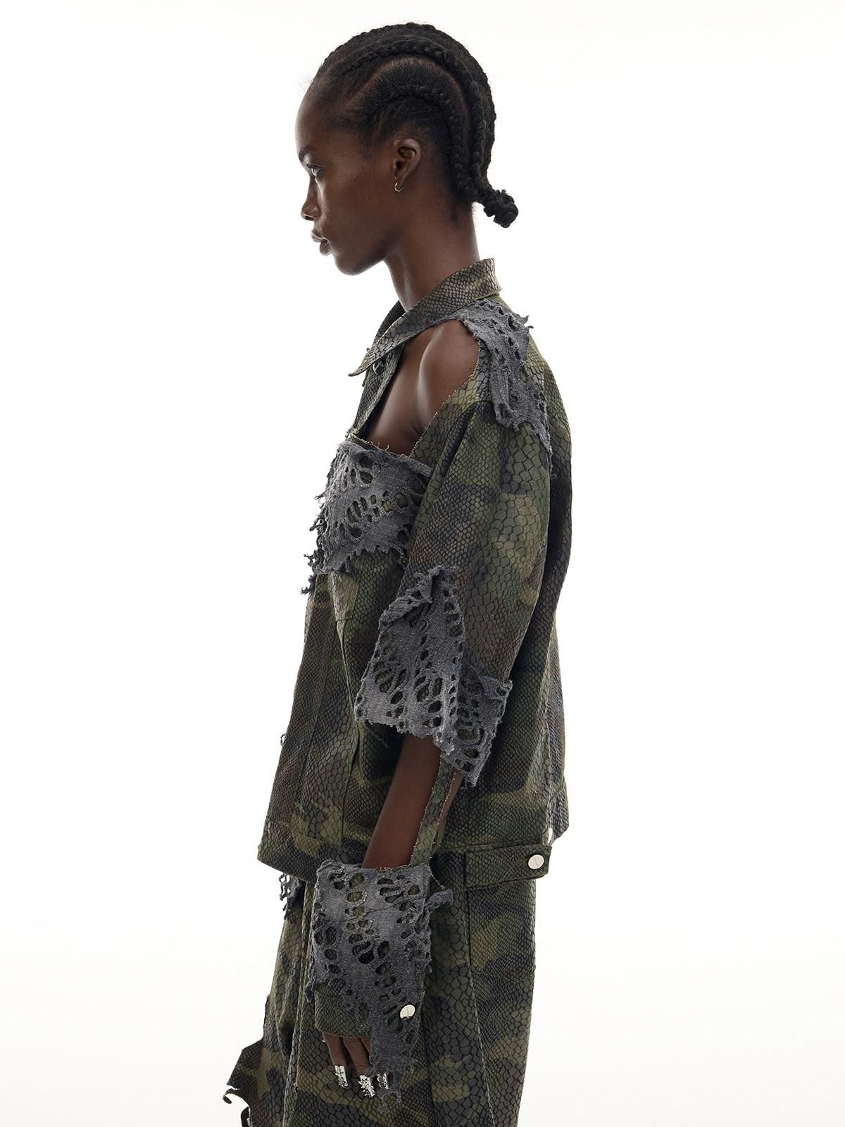 PINKSPINK Camouflage Distressed Reconstructed Cutout Hooded Women's Cotton Denim Jackets