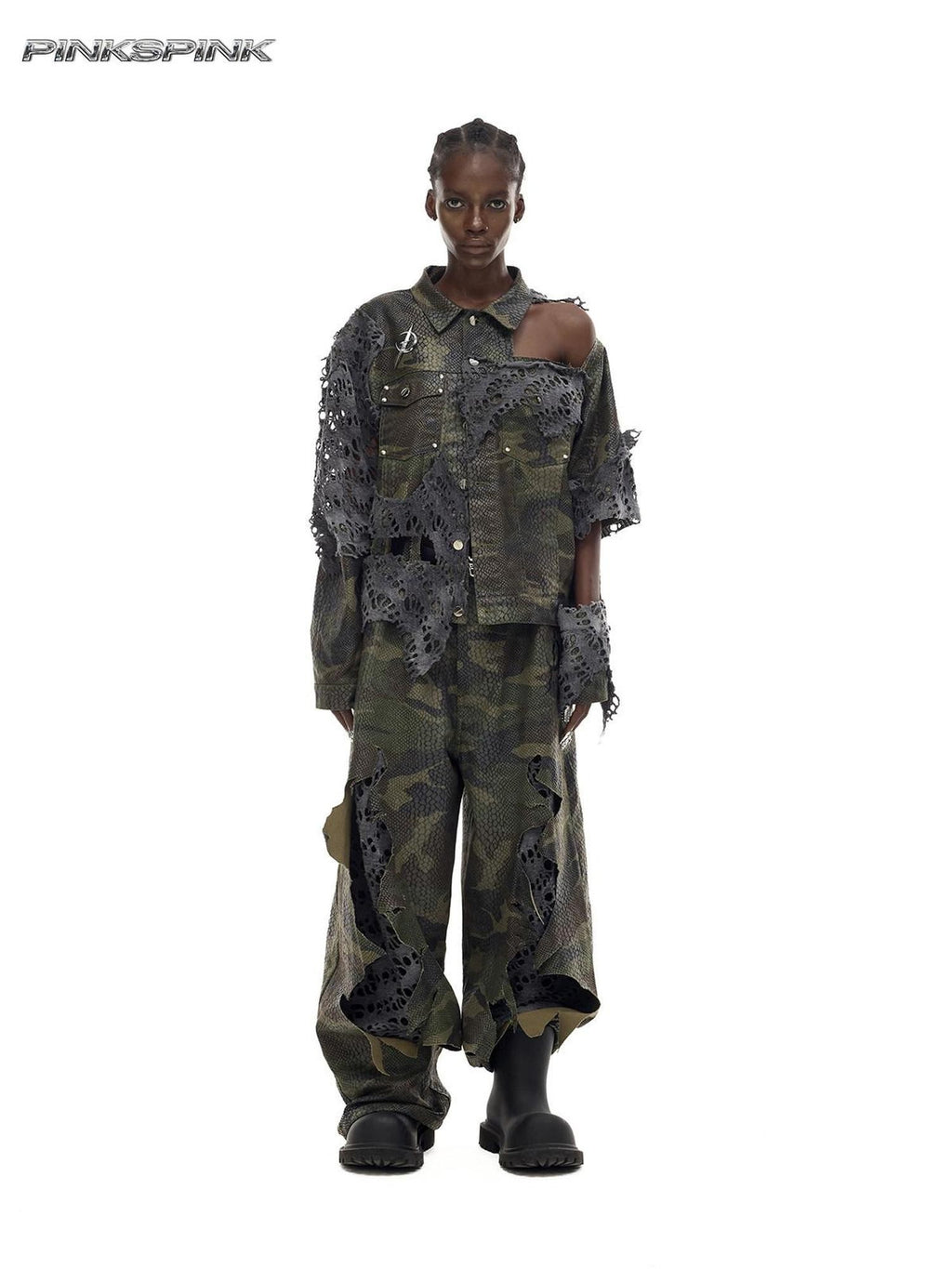 PINKSPINK Camouflage Distressed Reconstructed Cutout Hooded Women's Cotton Denim Jackets