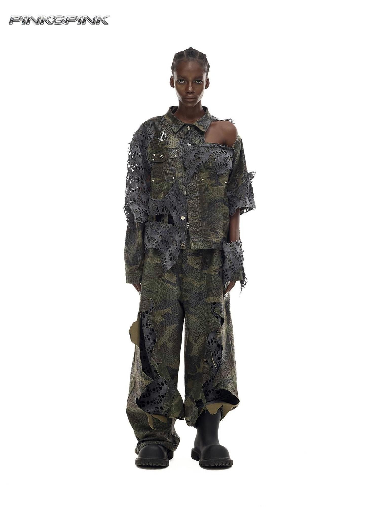 PINKSPINK Camouflage Distressed Reconstructed Cutout Hooded Women's Cotton Denim Jackets