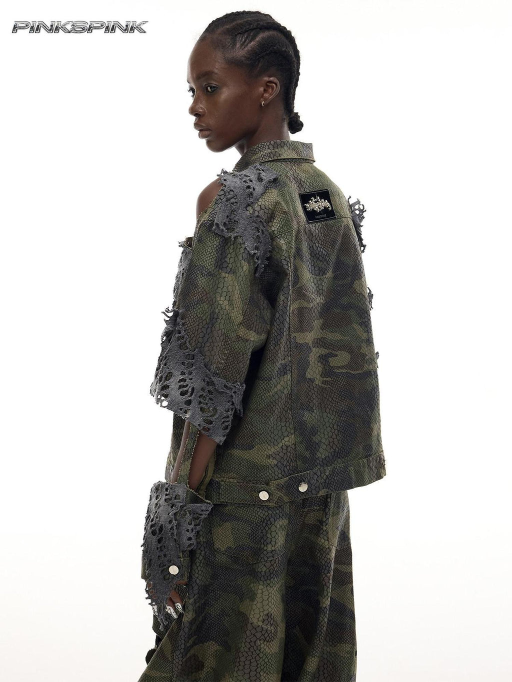 PINKSPINK Camouflage Distressed Reconstructed Cutout Hooded Women's Cotton Denim Jackets