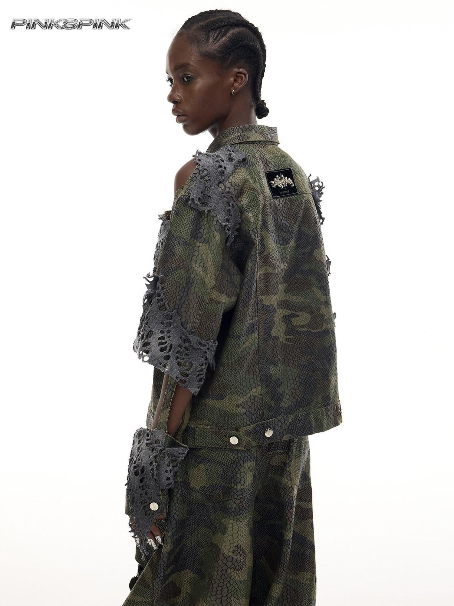 PINKSPINK Camouflage Distressed Reconstructed Cutout Hooded Women's Cotton Denim Jackets