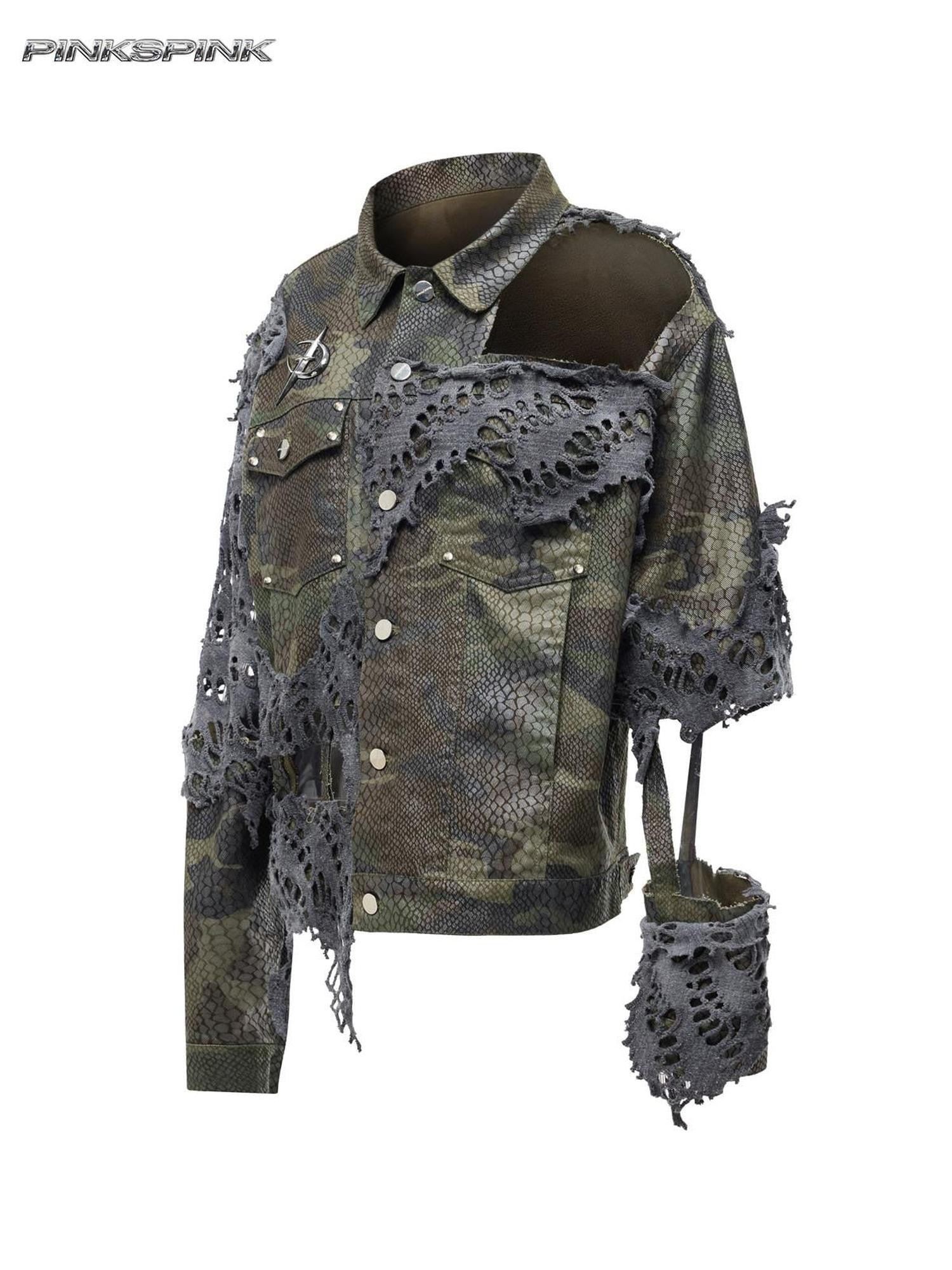PINKSPINK Camouflage Distressed Reconstructed Cutout Hooded Women's Cotton Denim Jackets