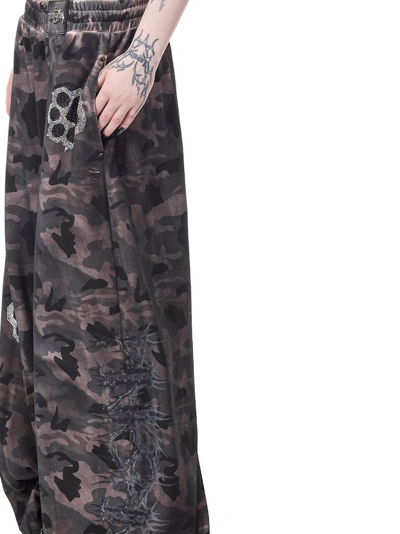 PINKSPINK Camouflage Rhinestone Studded Cat Paw Women's Cotton Sweatpants
