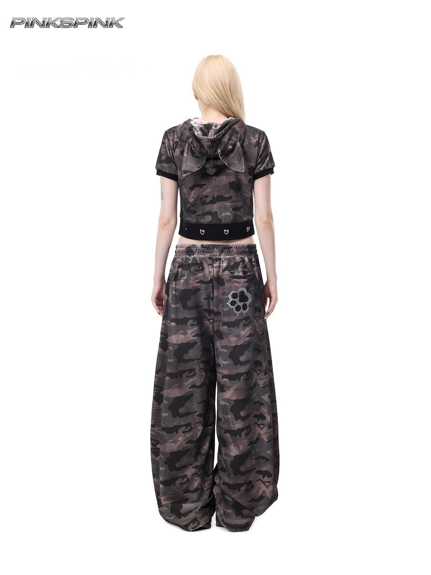 PINKSPINK Camouflage Rhinestone Studded Cat Paw Women's Cotton Sweatpants