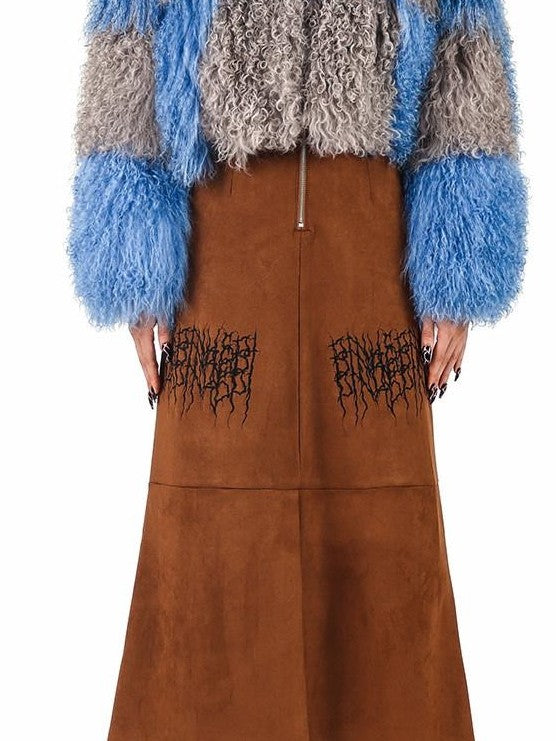 PINKSPINK Caramel Electric Thorn Embroidery A Line Zipper Women's Suede Maxi Skirts
