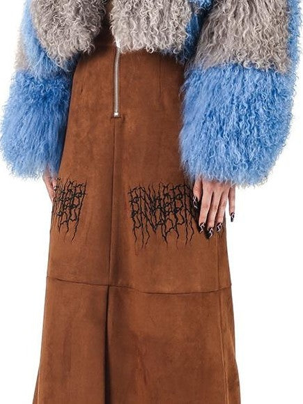PINKSPINK Caramel Electric Thorn Embroidery A Line Zipper Women's Suede Maxi Skirts