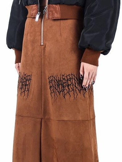 PINKSPINK Caramel Electric Thorn Embroidery A Line Zipper Women's Suede Maxi Skirts