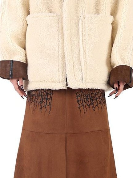 PINKSPINK Caramel Electric Thorn Embroidery A Line Zipper Women's Suede Maxi Skirts