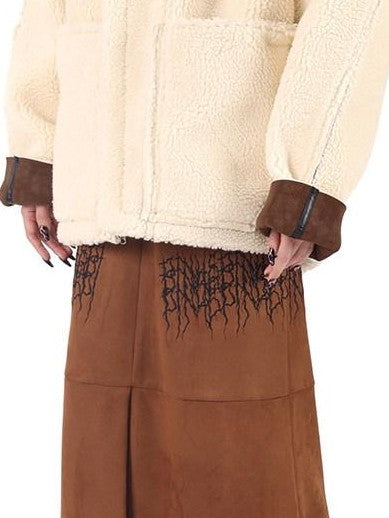 PINKSPINK Caramel Electric Thorn Embroidery A Line Zipper Women's Suede Maxi Skirts