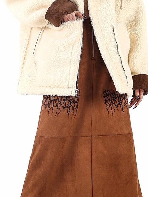 PINKSPINK Caramel Electric Thorn Embroidery A Line Zipper Women's Suede Maxi Skirts