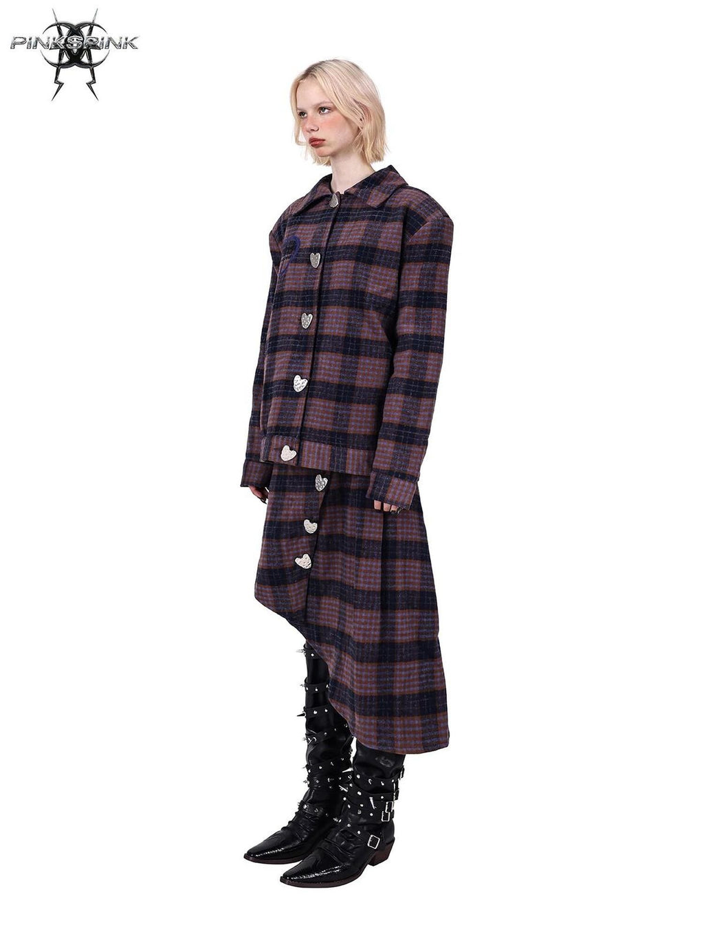 PINKSPINK Caramel Plaid Heart Concept Polo Collar Women's Tweed Blazer Skirt Suits