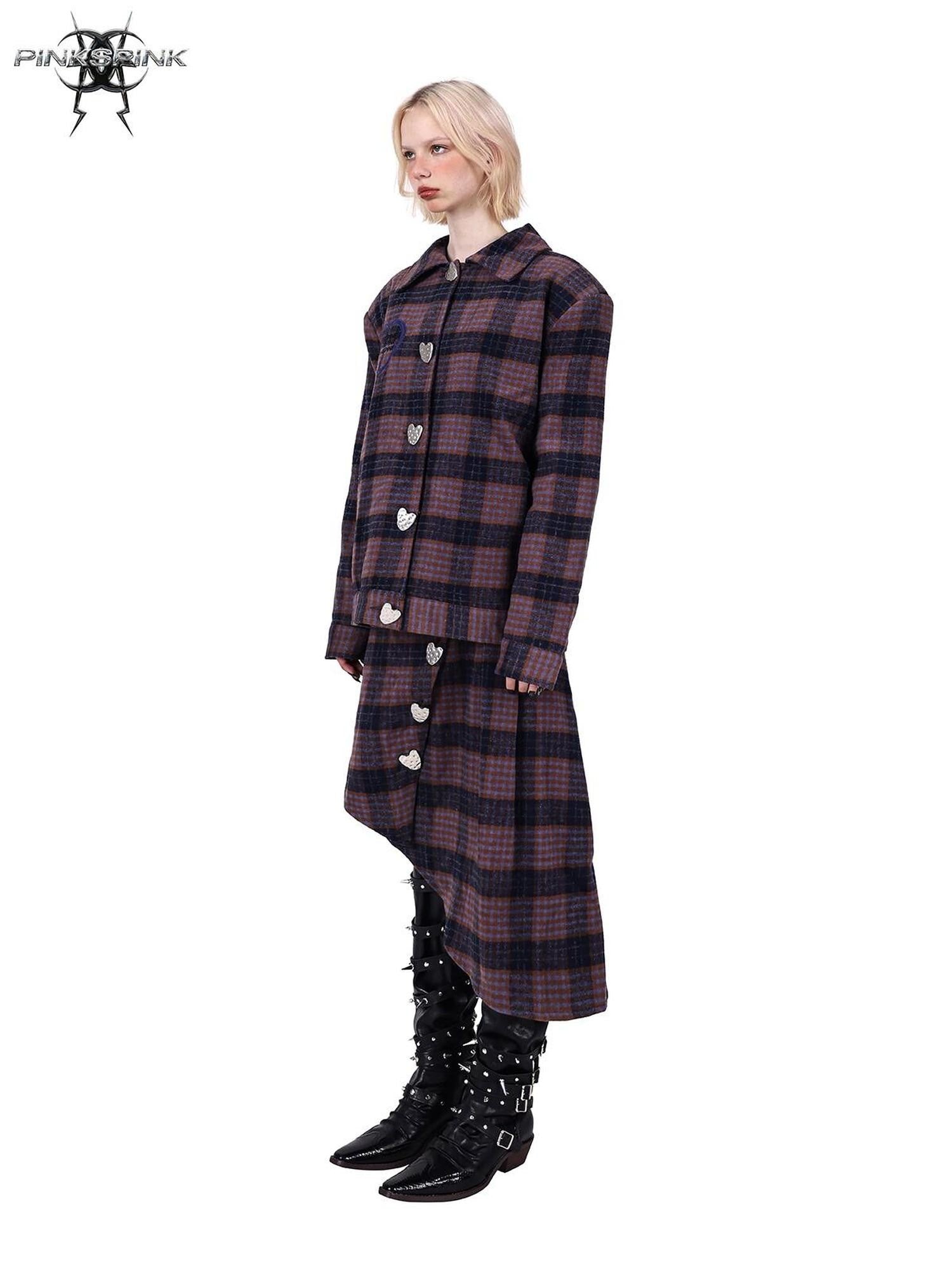 PINKSPINK Caramel Plaid Heart Concept Polo Collar Women's Tweed Blazer Skirt Suits