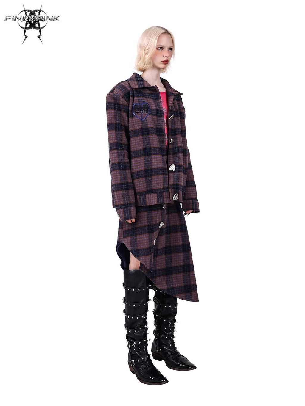 PINKSPINK Caramel Plaid Heart Concept Polo Collar Women's Tweed Blazer Skirt Suits