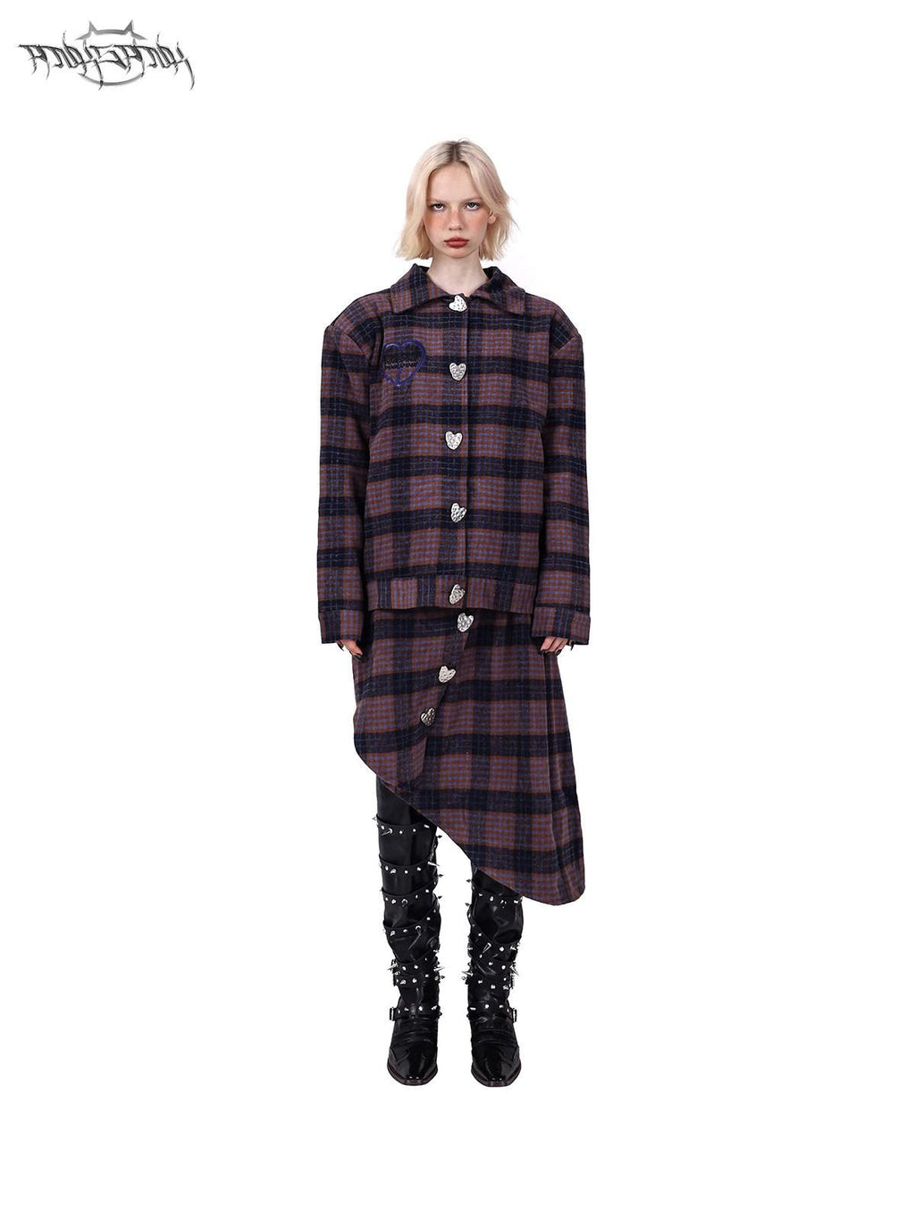 PINKSPINK Caramel Plaid Heart Concept Polo Collar Women's Tweed Blazer Skirt Suits