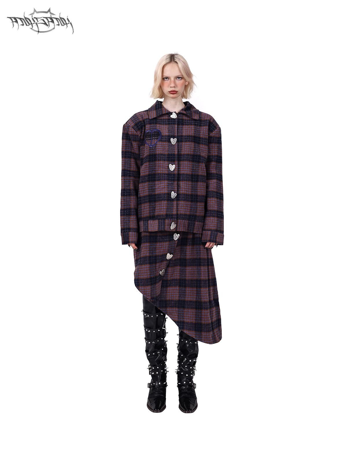 PINKSPINK Caramel Plaid Heart Concept Polo Collar Women's Tweed Blazer Skirt Suits