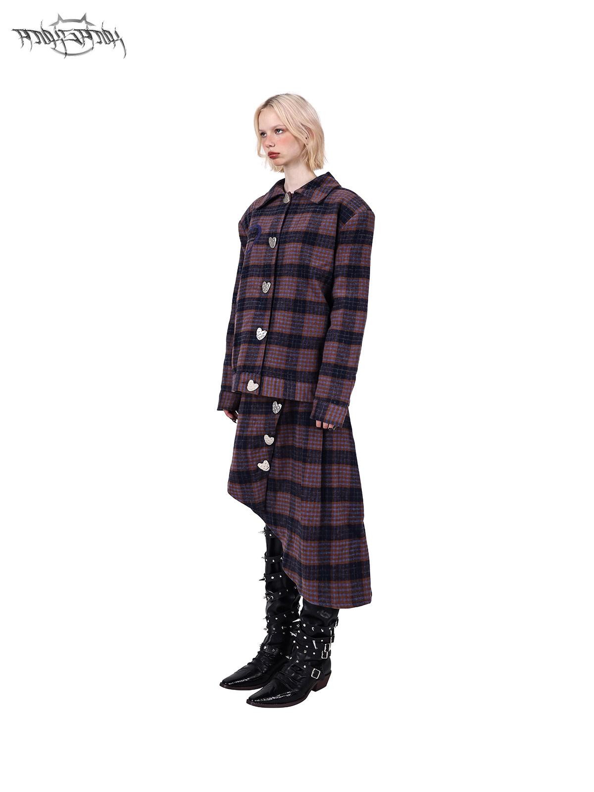 PINKSPINK Caramel Plaid Heart Concept Polo Collar Women's Tweed Blazer Skirt Suits