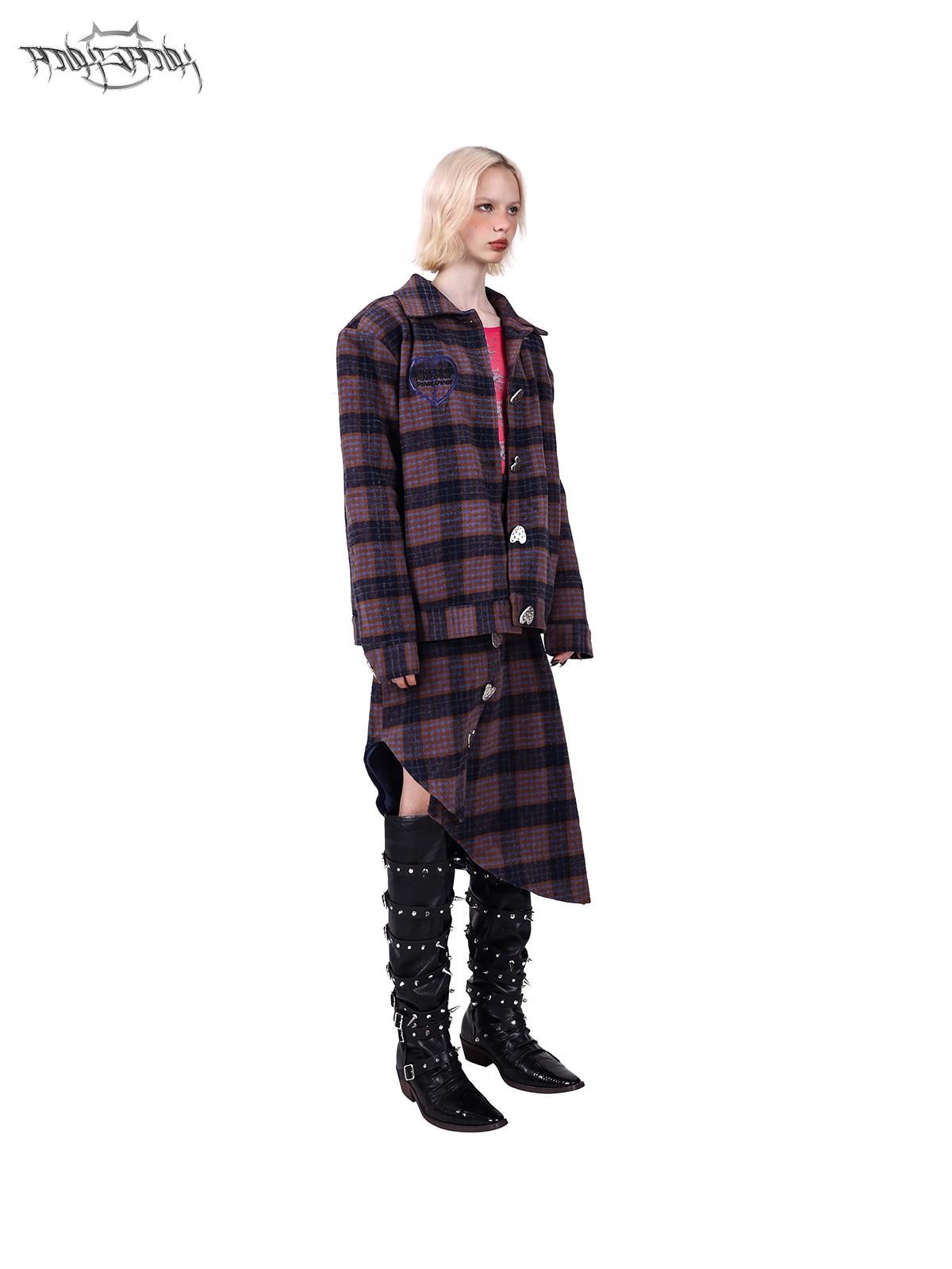PINKSPINK Caramel Plaid Heart Concept Polo Collar Women's Tweed Blazer Skirt Suits