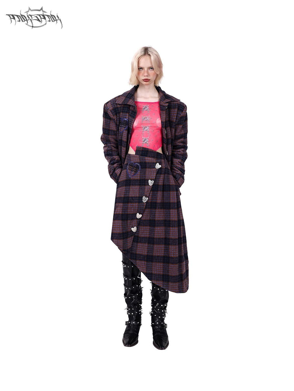 PINKSPINK Caramel Plaid Heart Concept Polo Collar Women's Tweed Blazer Skirt Suits