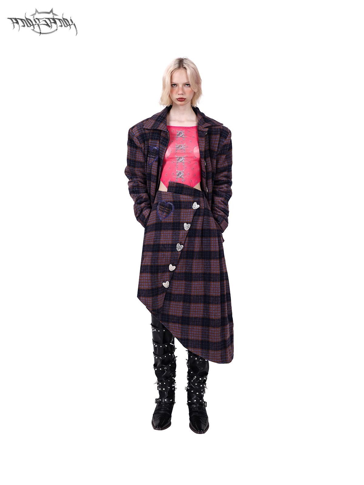 PINKSPINK Caramel Plaid Heart Concept Polo Collar Women's Tweed Blazer Skirt Suits