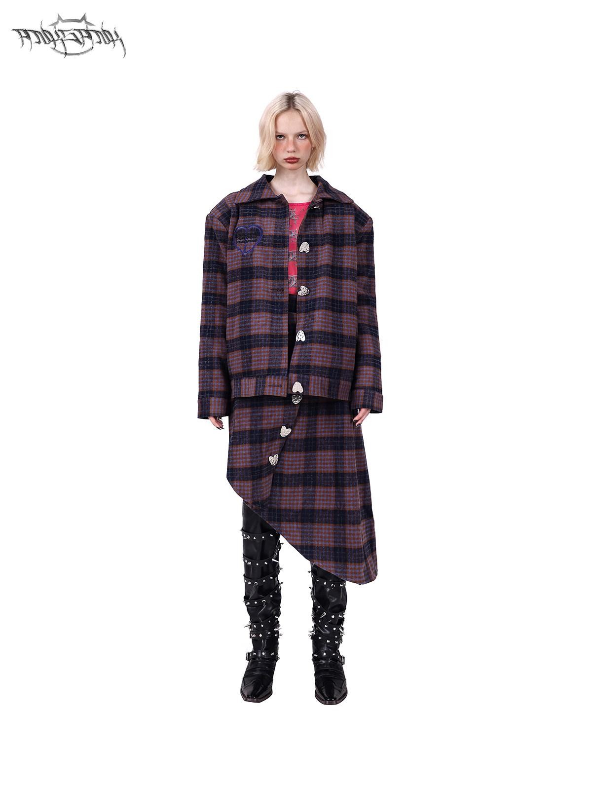 PINKSPINK Caramel Plaid Heart Concept Polo Collar Women's Tweed Blazer Skirt Suits