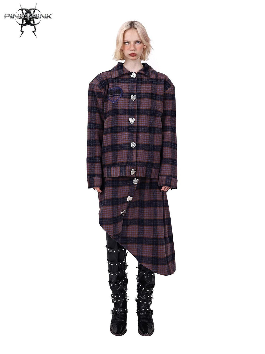 PINKSPINK Caramel Plaid Heart Polo Collar Women's Tweed Blazer Skirt Suits