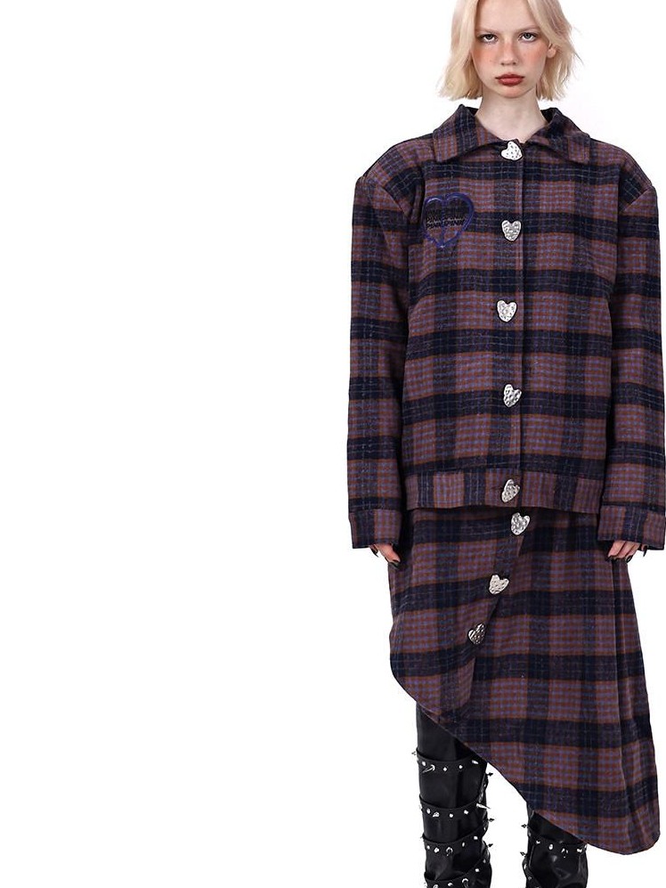 PINKSPINK Caramel Plaid Heart Polo Collar Women's Tweed Blazer Skirt Suits