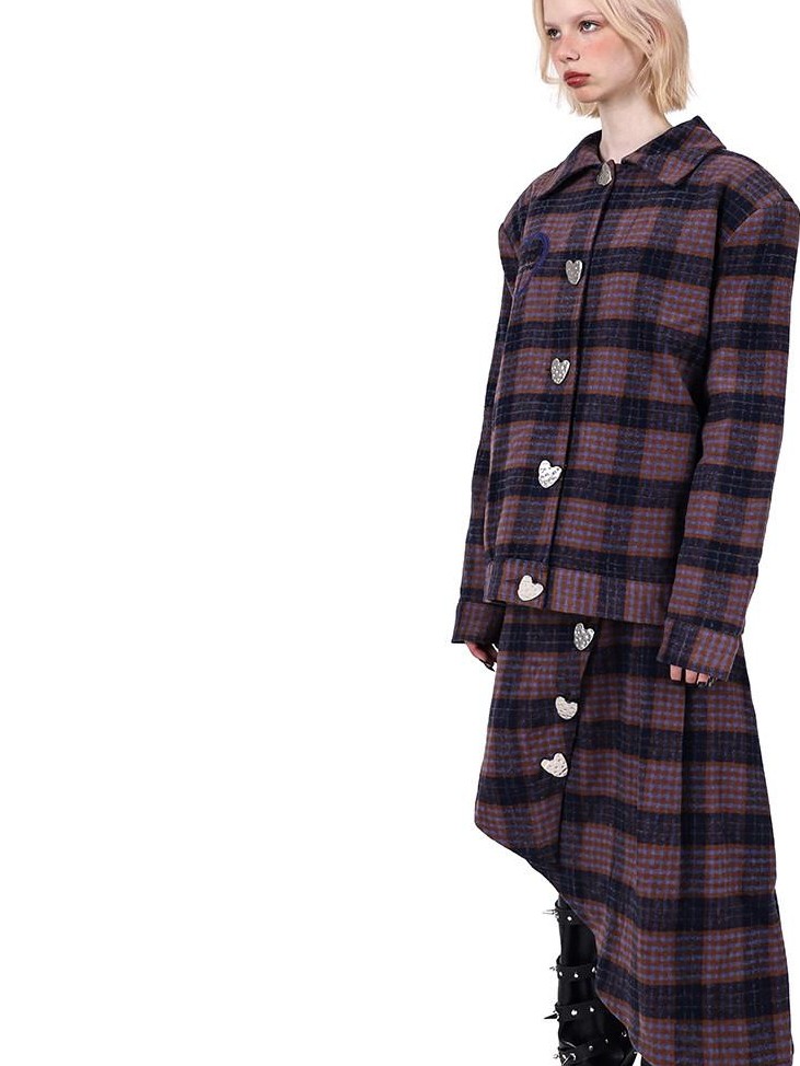 PINKSPINK Caramel Plaid Heart Polo Collar Women's Tweed Blazer Skirt Suits