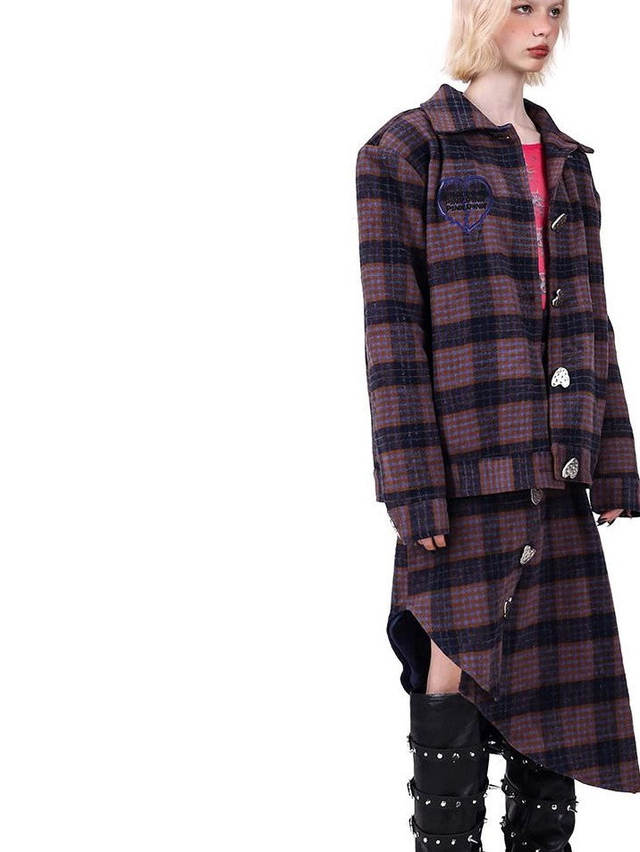 PINKSPINK Caramel Plaid Heart Polo Collar Women's Tweed Blazer Skirt Suits