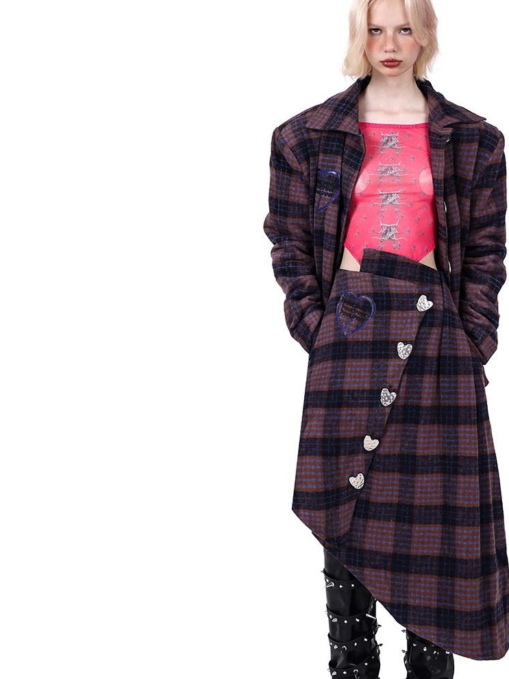 PINKSPINK Caramel Plaid Heart Polo Collar Women's Tweed Blazer Skirt Suits