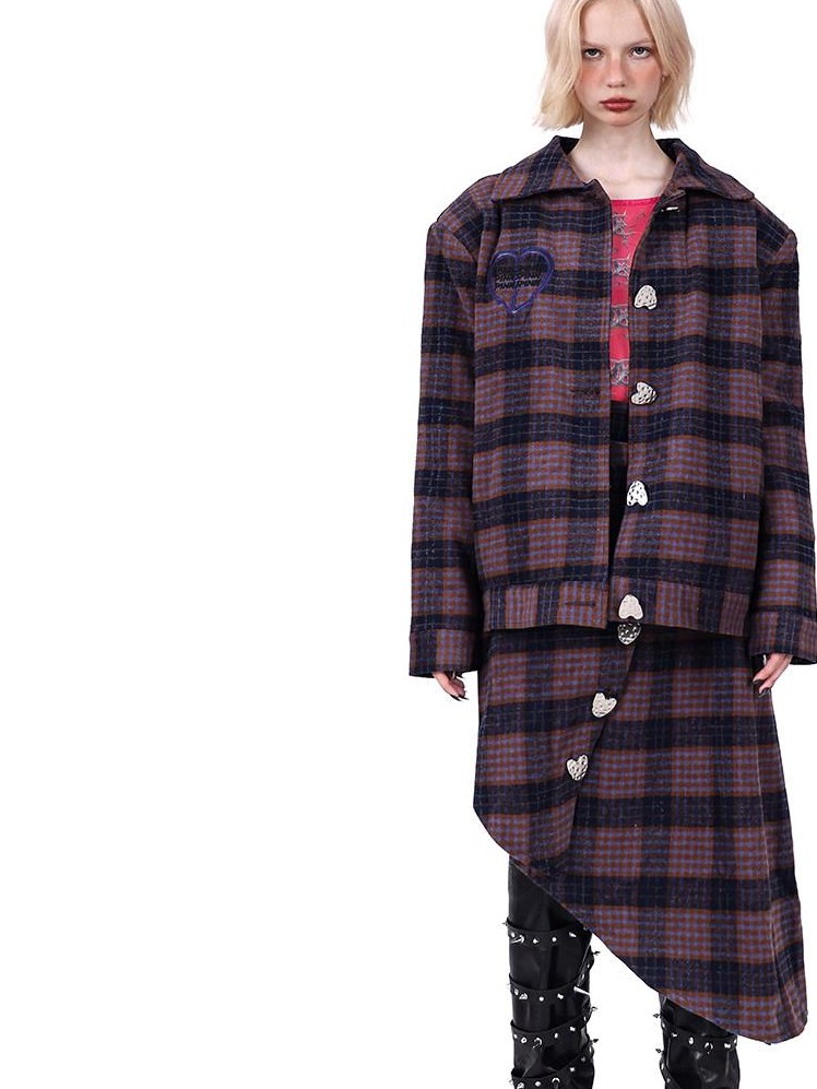 PINKSPINK Caramel Plaid Heart Polo Collar Women's Tweed Blazer Skirt Suits