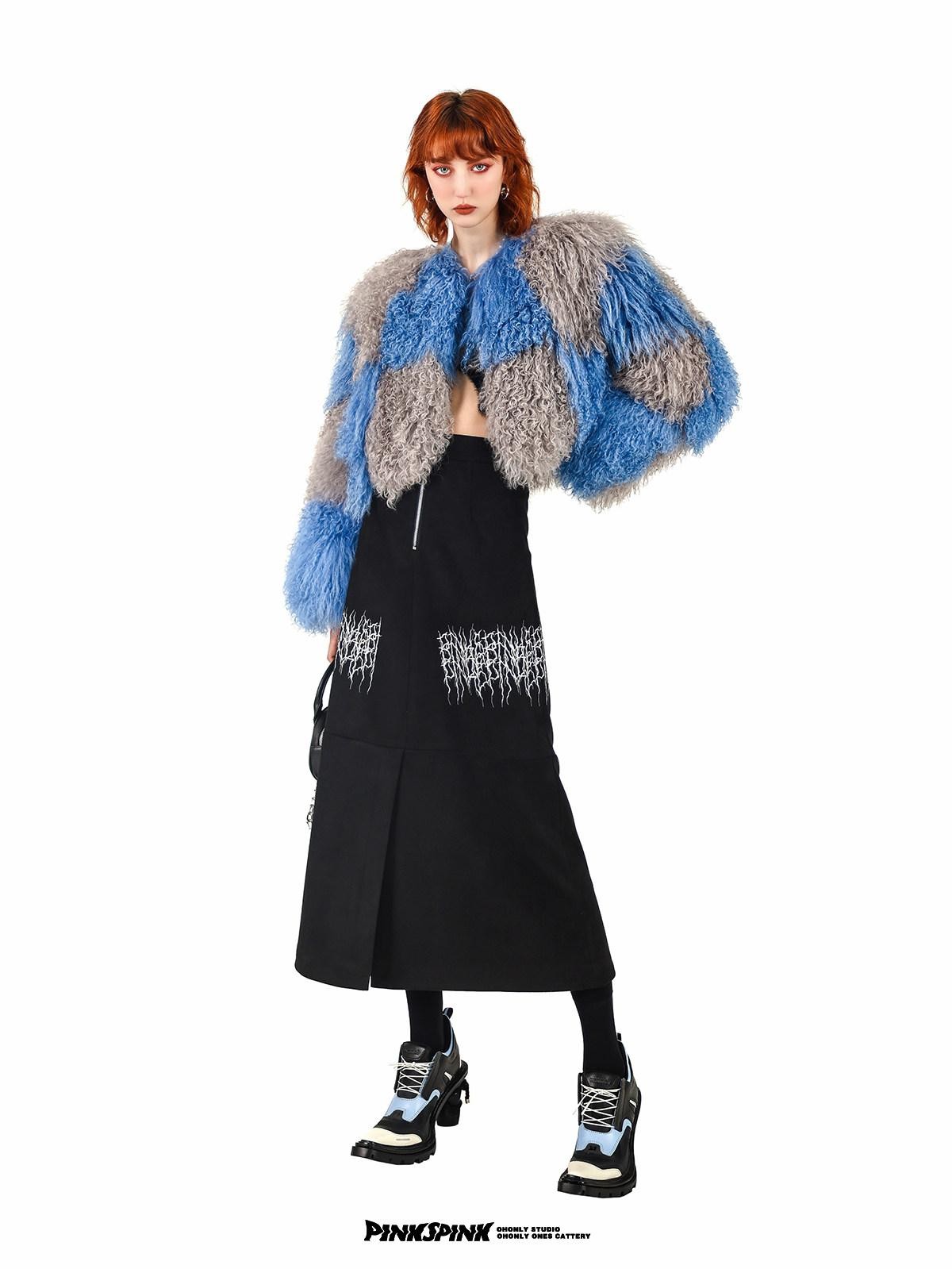 PINKSPINK Caramel Thorn Embroidery Zipper High Waist A Line Women's Suede Maxi Skirts