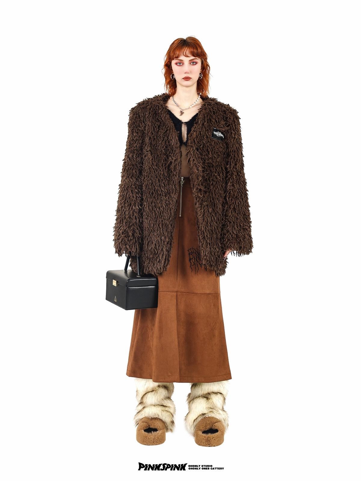 PINKSPINK Caramel Thorn Embroidery Zipper High Waist A Line Women's Suede Maxi Skirts