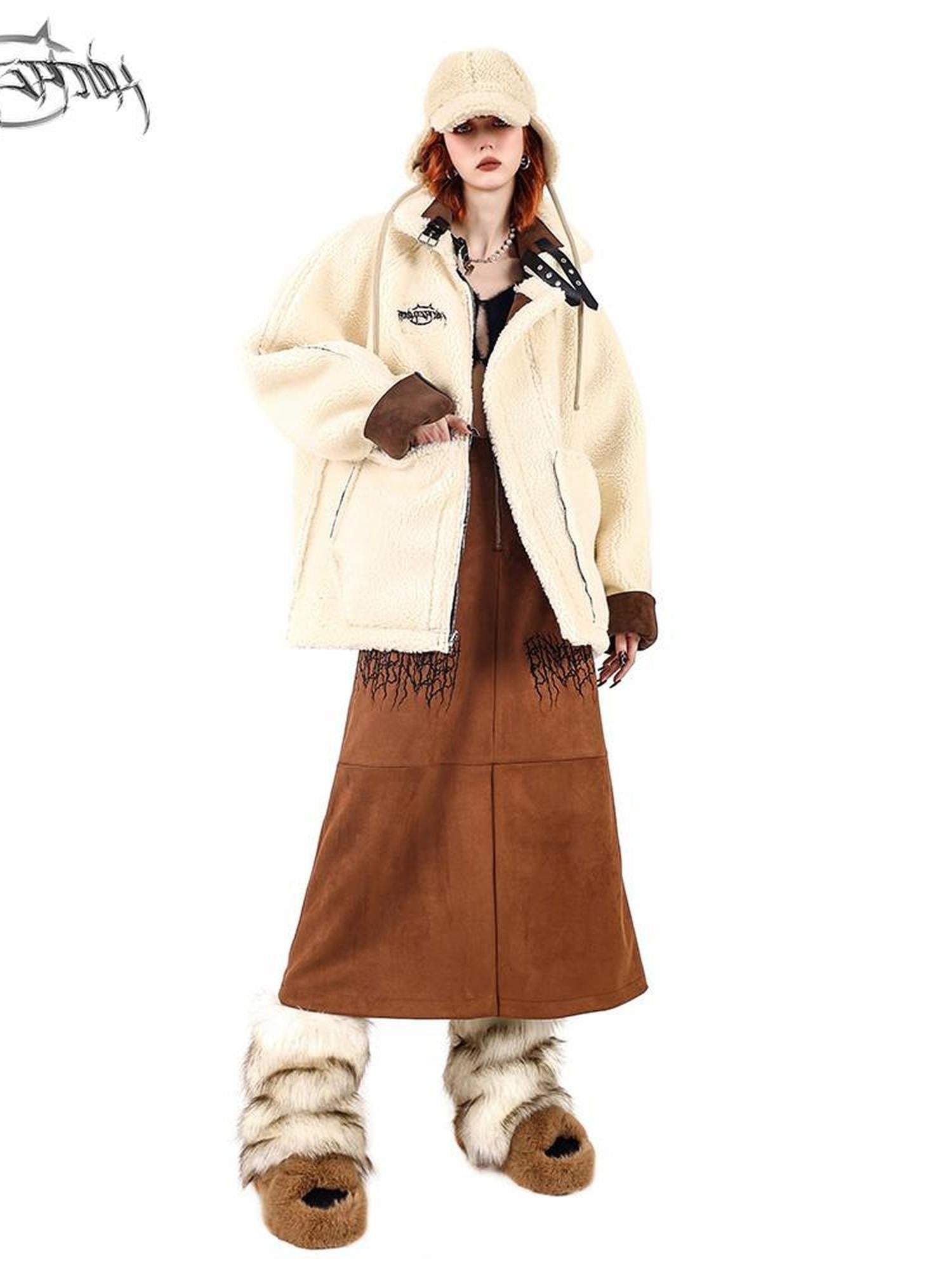 PINKSPINK Caramel Thorn Embroidery Zipper High Waist A Line Women's Suede Maxi Skirts